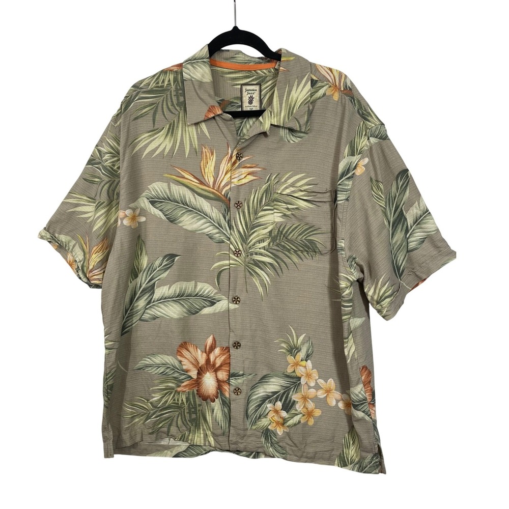 Jamaica Jaxx Silk Hawaiian Shirt Mens XL Taupe‎ Green Floral Tropical Button Up